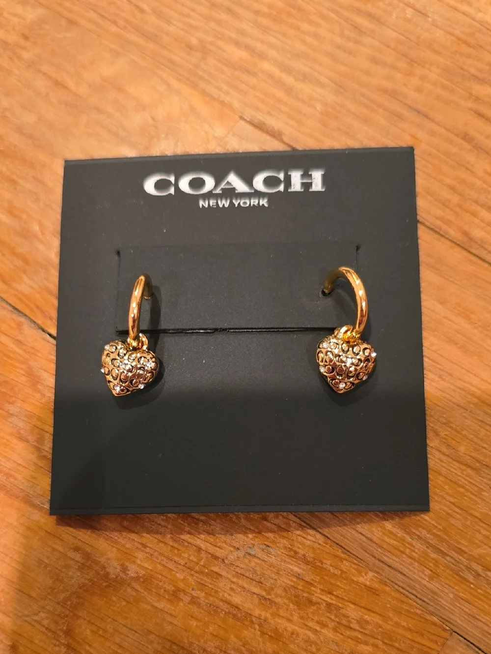 COACH Gold Tone Drop Heart Earrings & Dustbag - Picture 2 of 4
